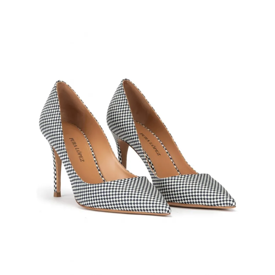 Aqua Point-toe high heel pumps in white-blue checked fabric
