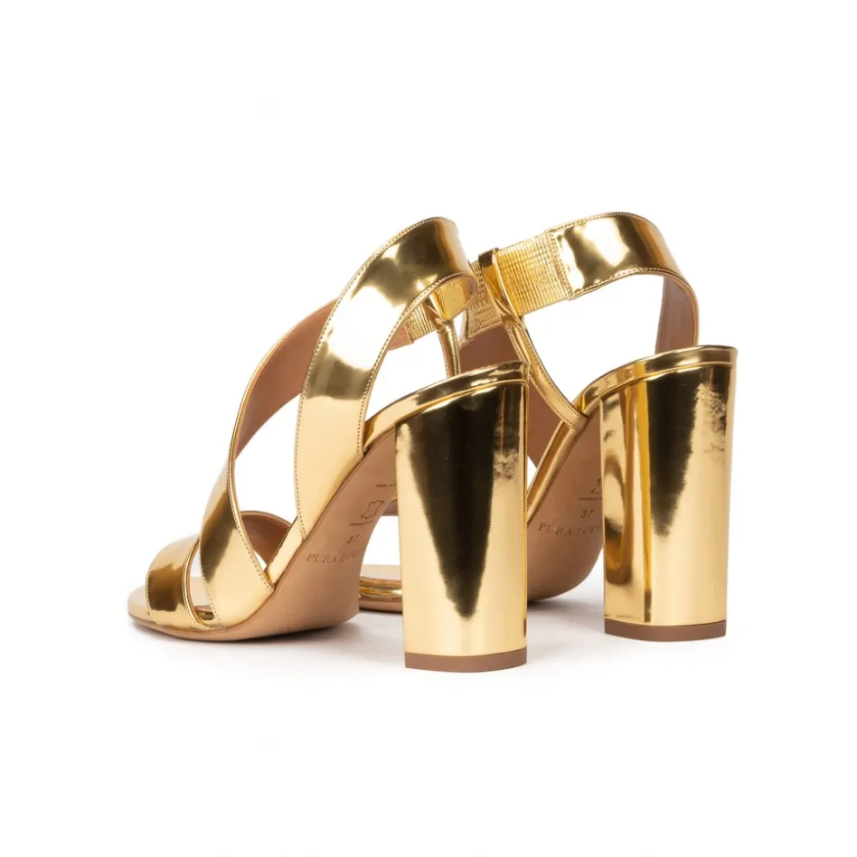 Aquira Gold strappy high block heel sandals in mirrored leather