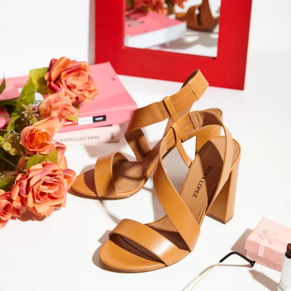 Aquira Strappy high block heel sandals in camel leather