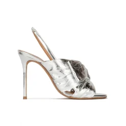 Baroque Bow embellished silver high heel sandals in metallic leather
