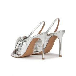 Baroque Bow embellished silver high heel sandals in metallic leather