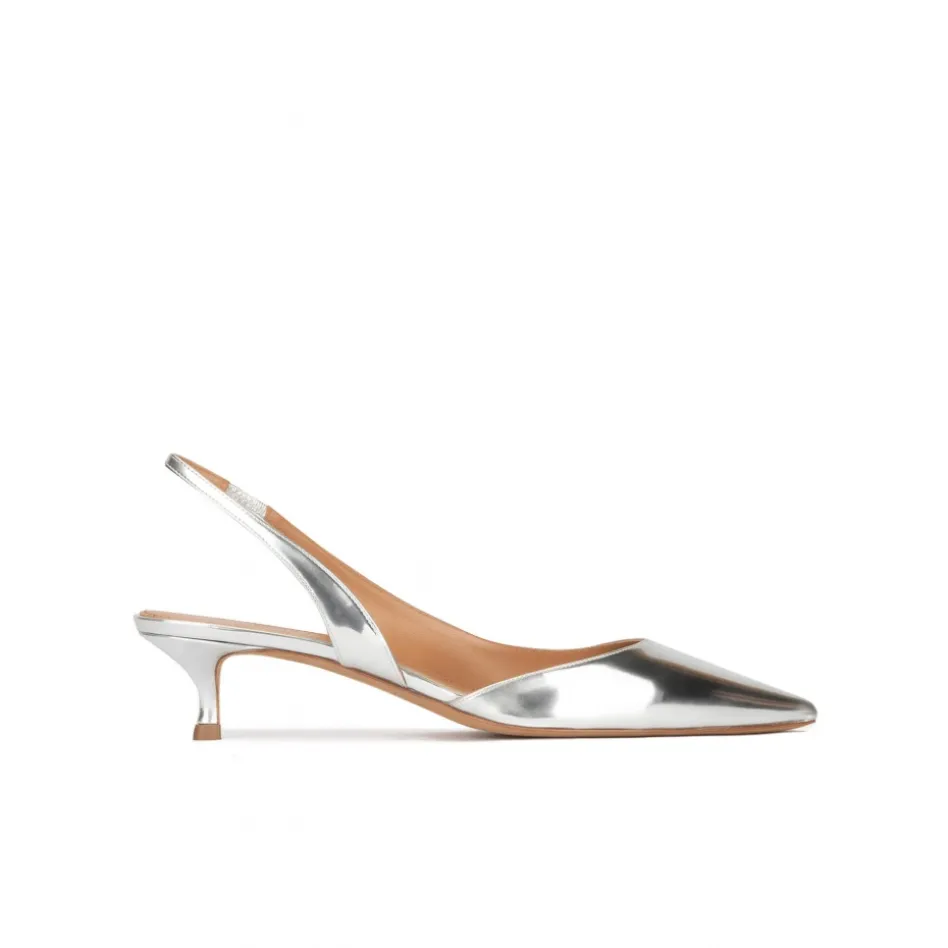Blanque Slingback kitten heel pumps in silver mirrored leather