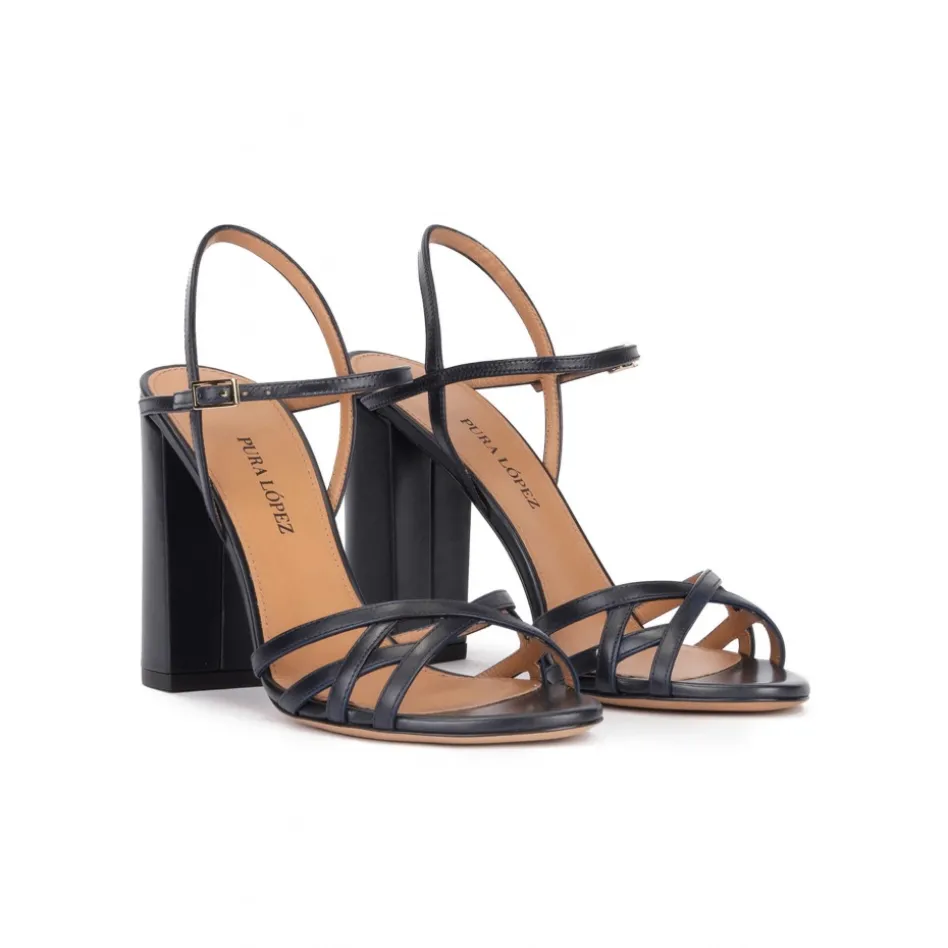 Coque Ankle strap high block heel sandals in navy blue leather