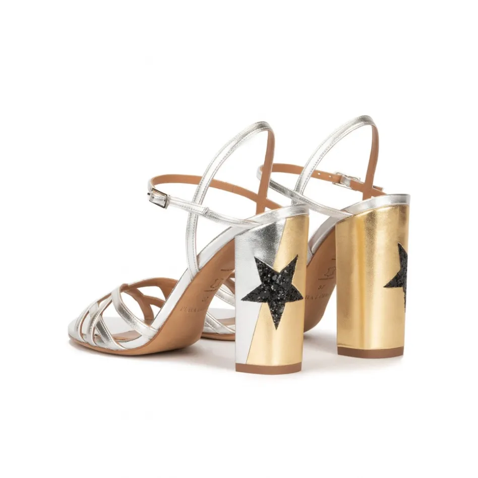 Coque Star detailed high block heel sandals in metallic leather