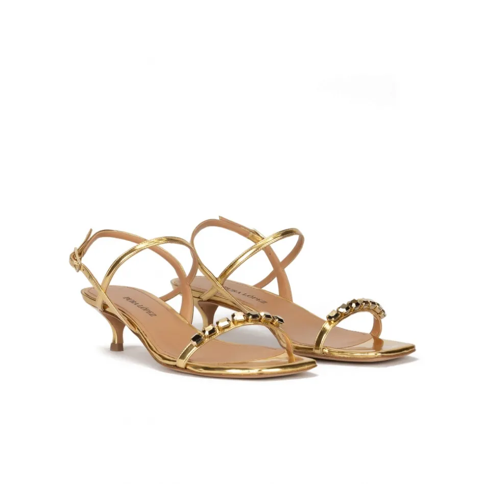 Coquina Crystal-embellished mid heel sandals in gold metallic leather