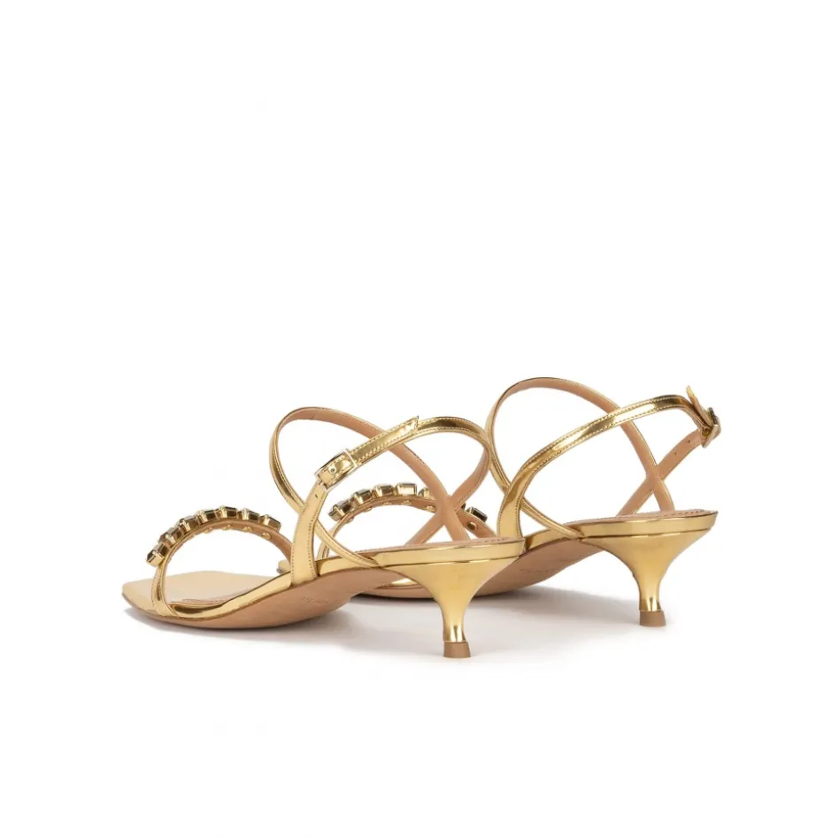 Coquina Crystal-embellished mid heel sandals in gold metallic leather