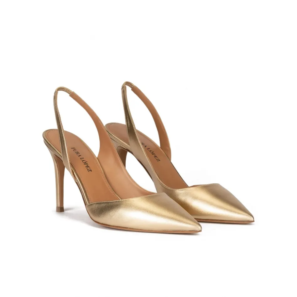 Danique Golden slingback pointy toe pumps with 90mm stiletto heel