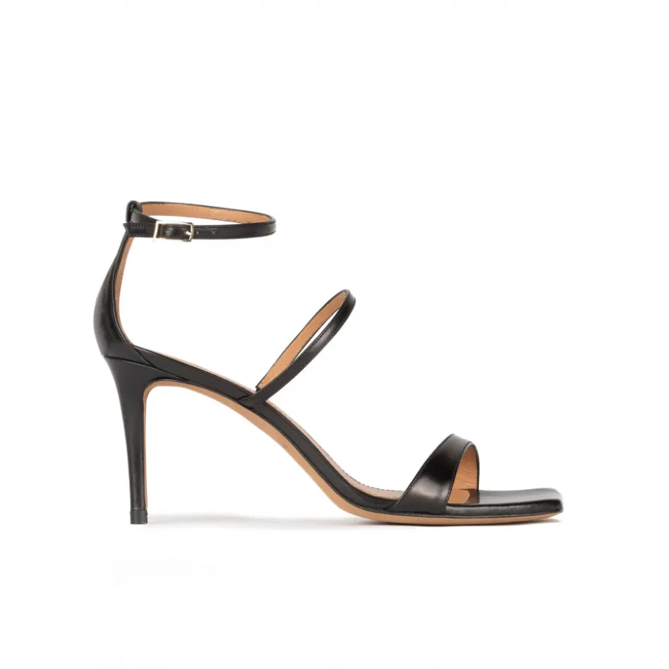 Daquesha Black leather ankle strap mid heel sandals