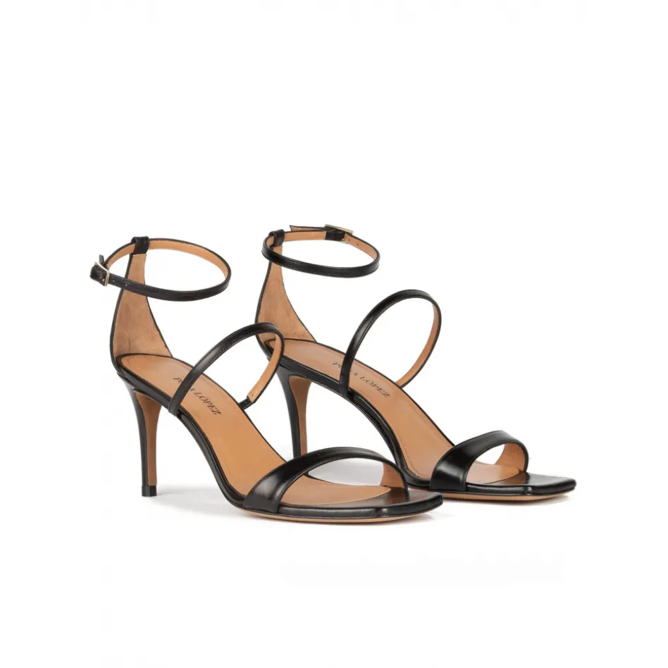 Daquesha Black leather ankle strap mid heel sandals