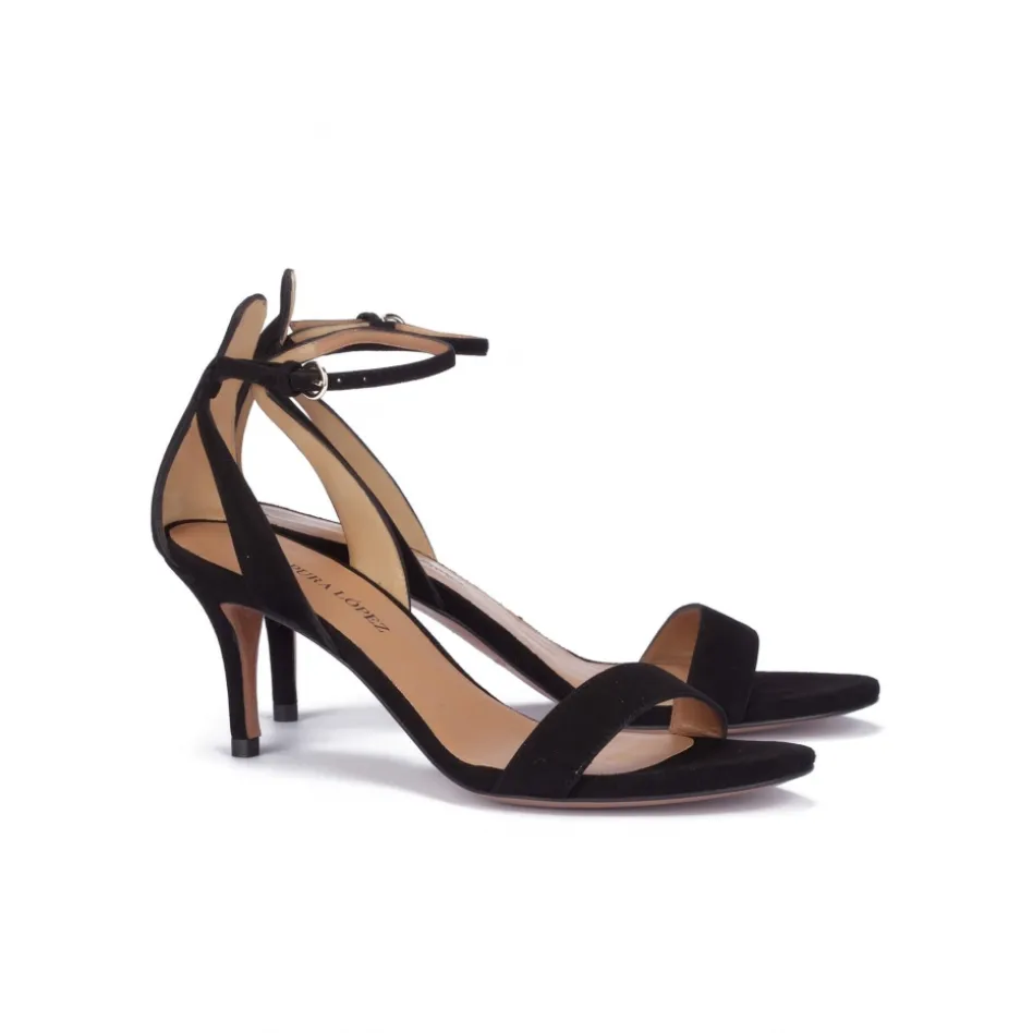 Fantine Black suede ankle strap mid heel sandals