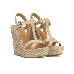 Filipa High wedge sandals in taupe raffia and suede