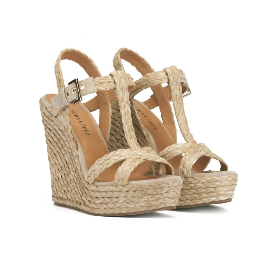 Filipa High wedge sandals in taupe raffia and suede