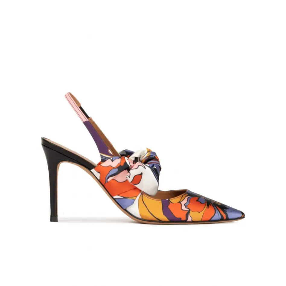 Jaqueline Bow detailed high heel slingback pumps in printed fabric