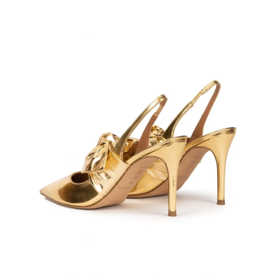 Jaqueline Bow detailed heeled slingback shoes in gold mirrored leather