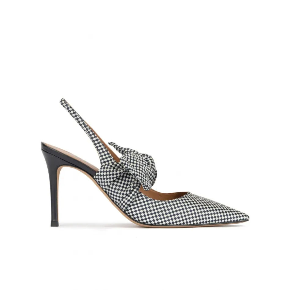 Jaqueline Checked slingback high heel shoes in white and blue fabric