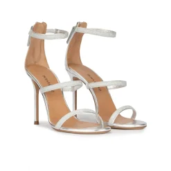 Laquisha Silver party high heel sandals in metallic leather and glitter