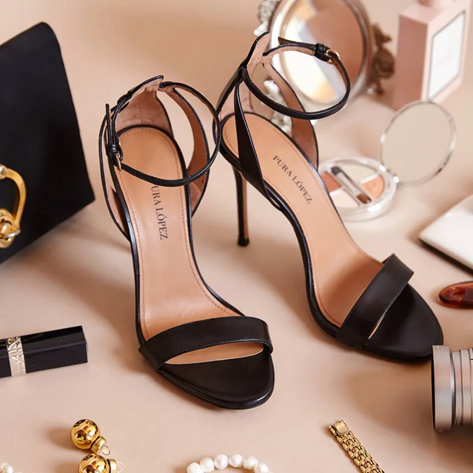 Martina Ankle strap high stiletto heel sandals in black leather