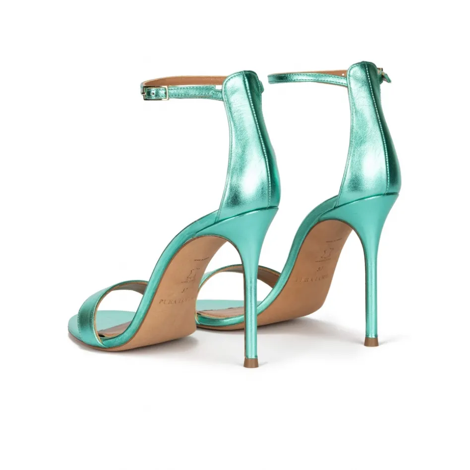 Monique Aquamarine heeled sandals in metallic leather