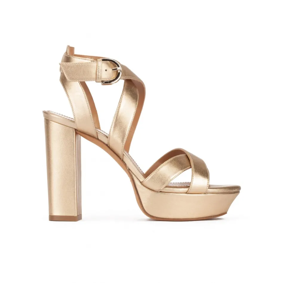 Olaya Golden strappy platform high block heel sandals in nappa leather