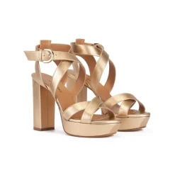 Olaya Golden strappy platform high block heel sandals in nappa leather