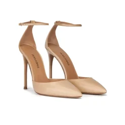 Olesia Ankle strap heeled point-toe pumps in beige leather