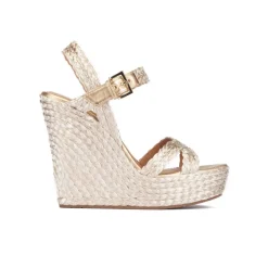 Olivia High wedge sandals in platin satin raffia