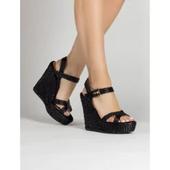 Olivia High wedge sandals in black raffia with buckle fastening