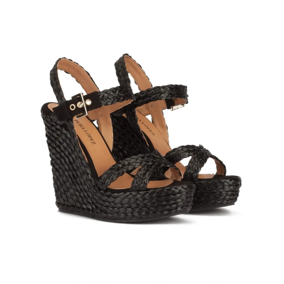 Olivia High wedge sandals in black raffia with buckle fastening