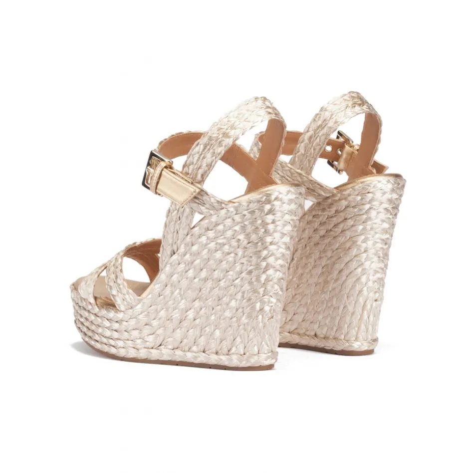 Olivia High wedge sandals in platin satin raffia