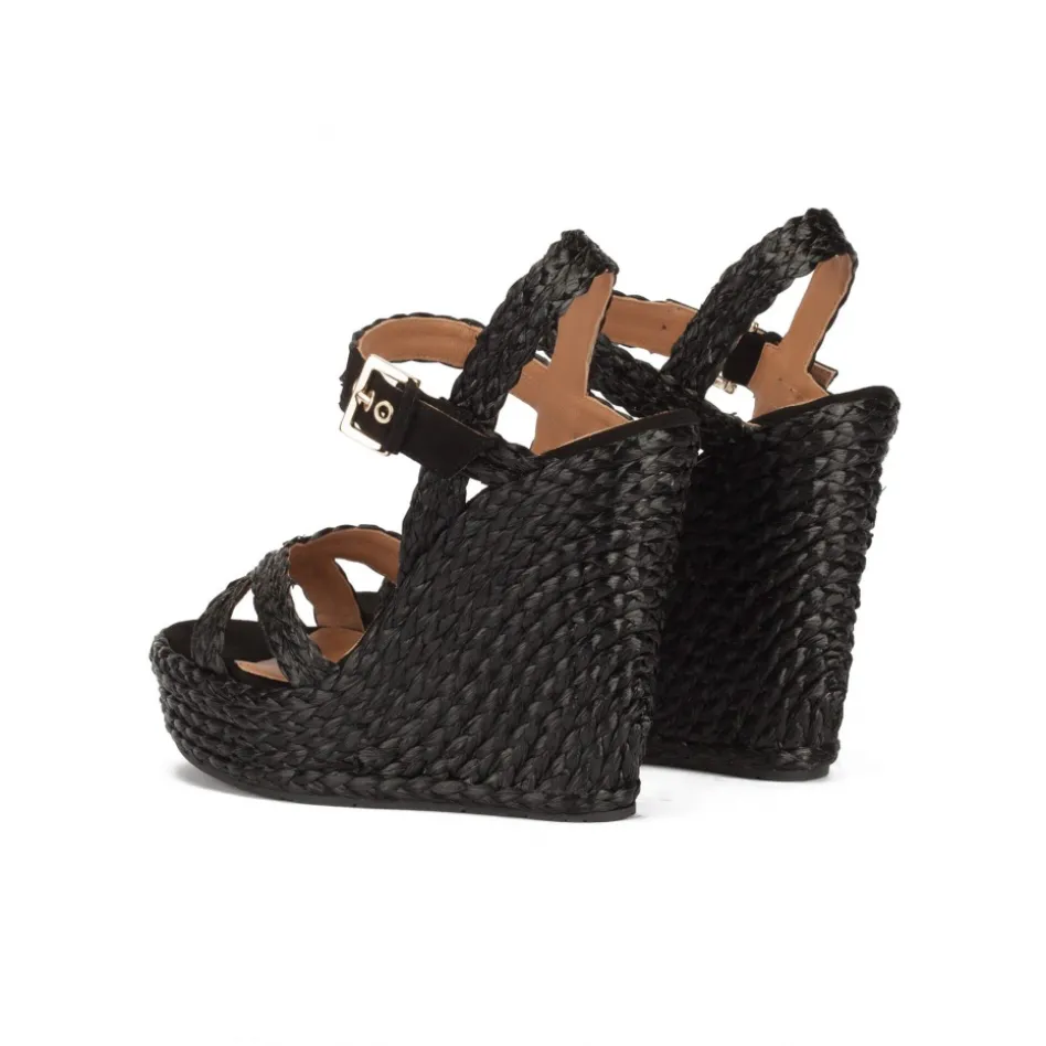Olivia High wedge sandals in black raffia with buckle fastening