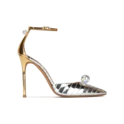 Olympia Ankle strap heeled shoes in striped silver fabric