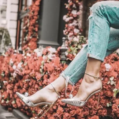 Olympia Ankle strap heeled shoes in striped silver fabric