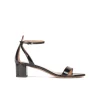 Oneida Mid block heel sandals in black patent leather with ankle strap