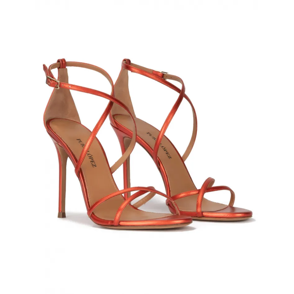 Oria Crossed-strap high heel sandals in coral metallic leather