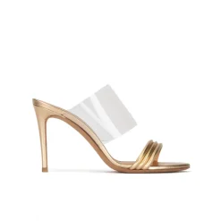 Osana High heel mules in gold leather and transparent vinyl