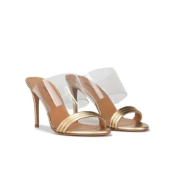 Osana High heel mules in gold leather and transparent vinyl