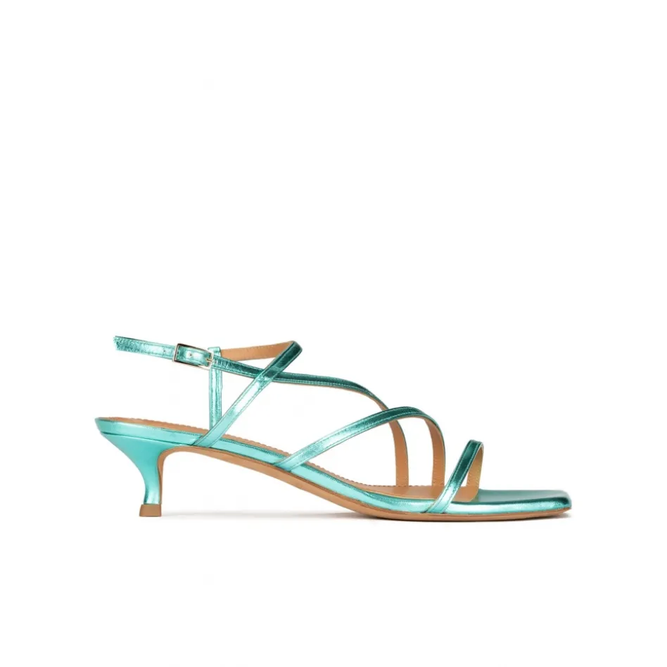 Quebec Strappy mid heel sandals in aquamarine metallic leather
