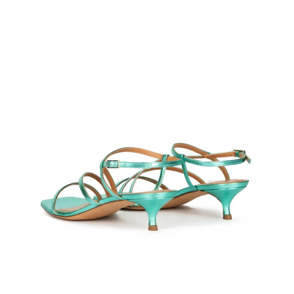 Quebec Strappy mid heel sandals in aquamarine metallic leather