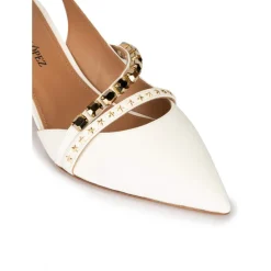 Queila Slingback mid heel point-toe pumps in off-white leather