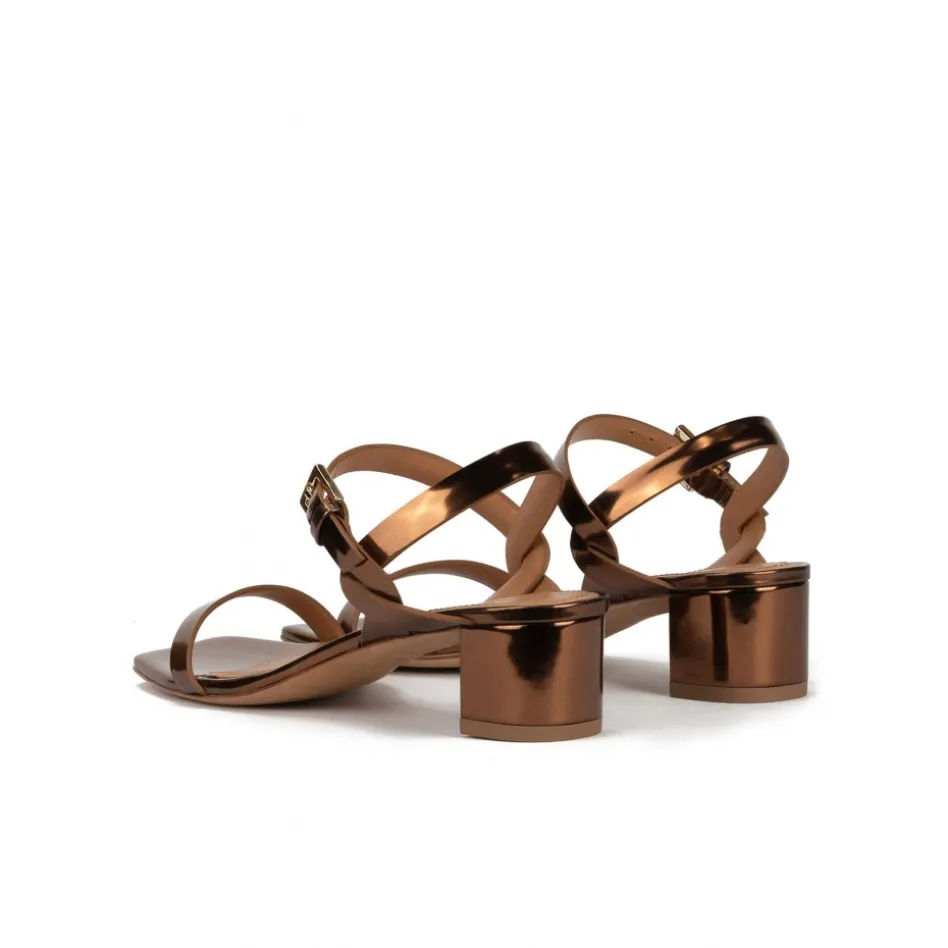 Queralt Bronze mid block heel sandals in metallic leather