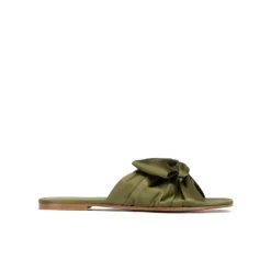 Quetty Bow detailed flat sandals in caqui green satin