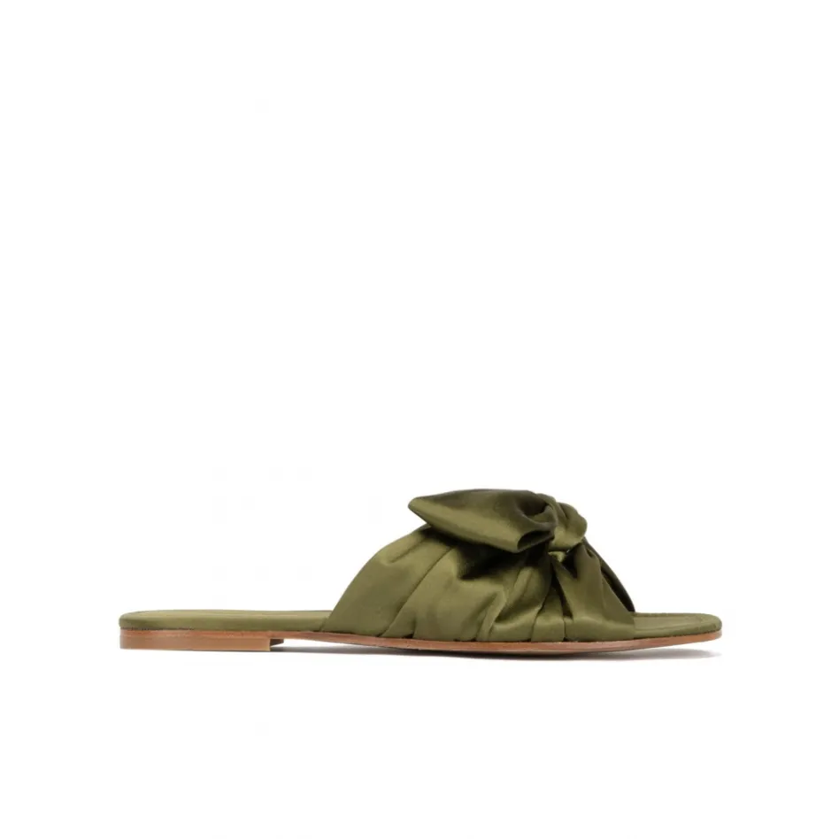 Quetty Bow detailed flat sandals in caqui green satin