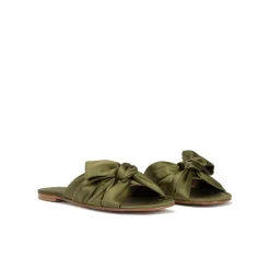 Quetty Bow detailed flat sandals in caqui green satin