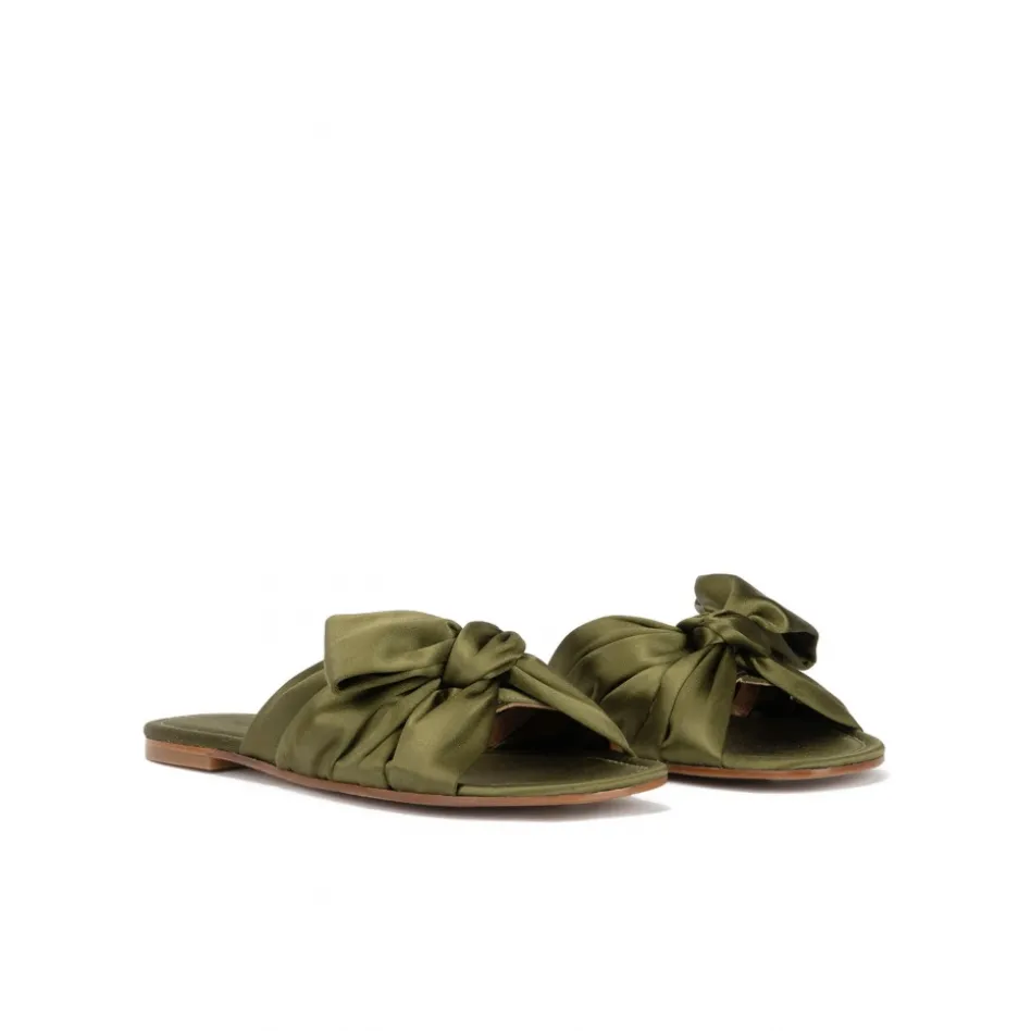 Quetty Bow detailed flat sandals in caqui green satin