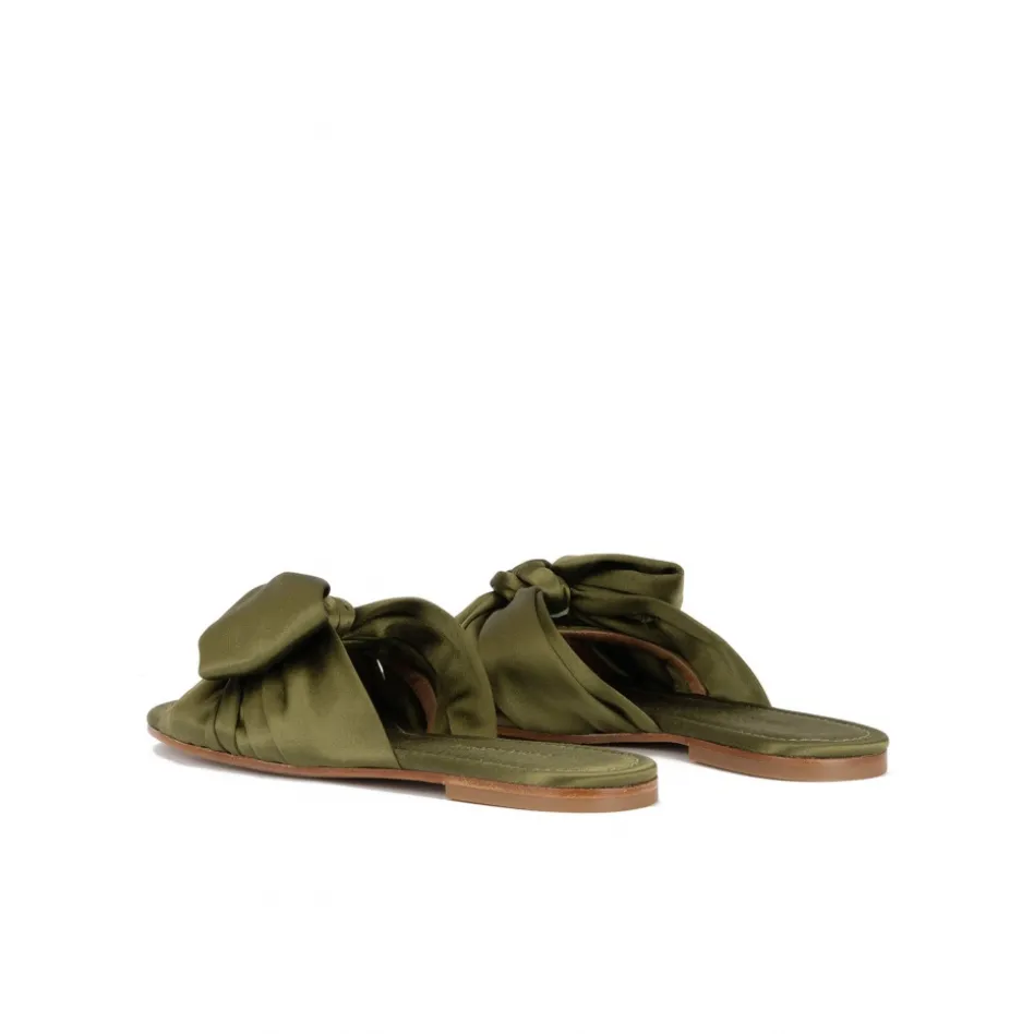 Quetty Bow detailed flat sandals in caqui green satin
