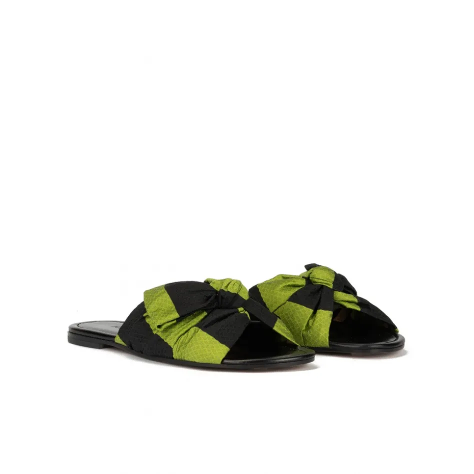Quetty Bow-detailed flat sandals in green-black fabric