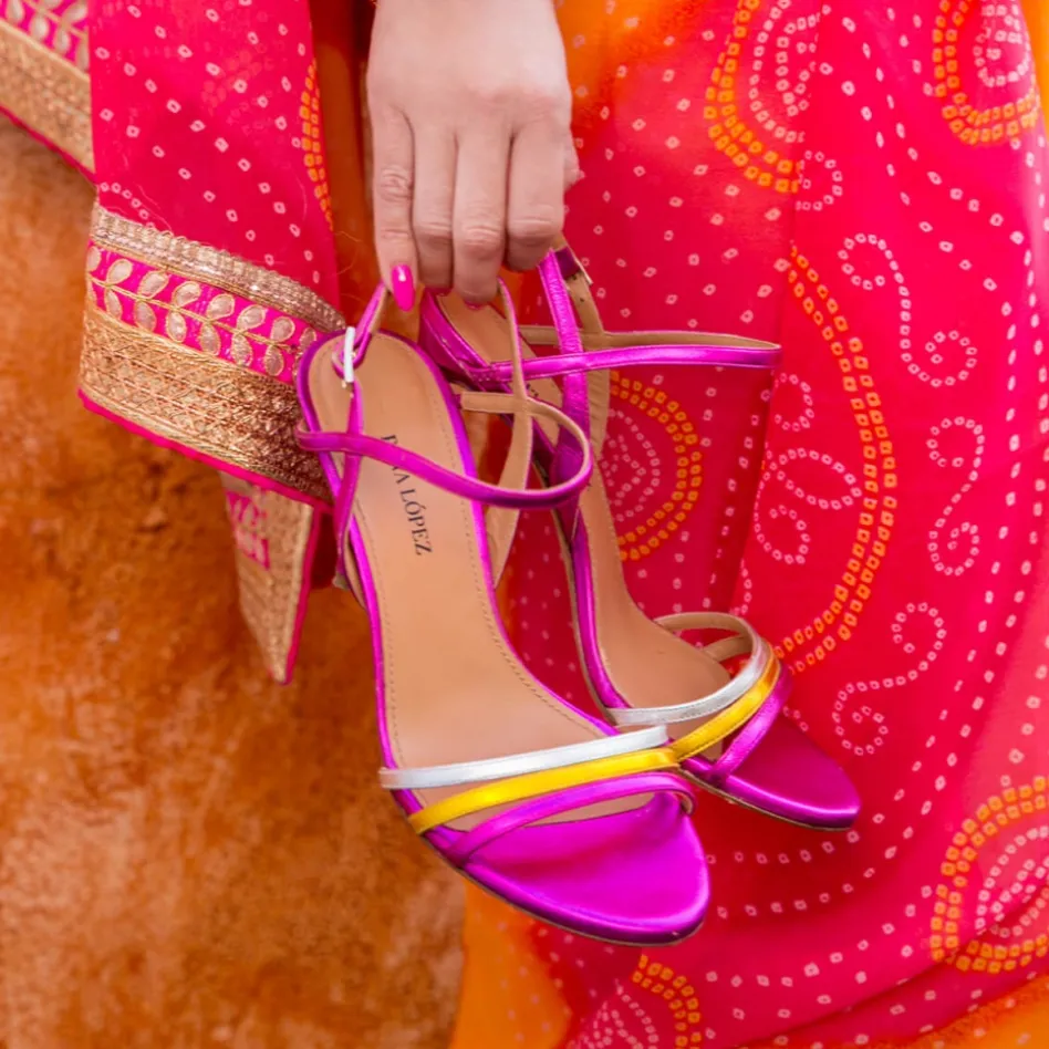 Quillet Strappy high-heeled sandals in multicolored metallic leather