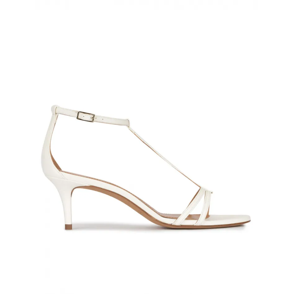 Quintera Ankle strap mid heel sandals in off-white leather