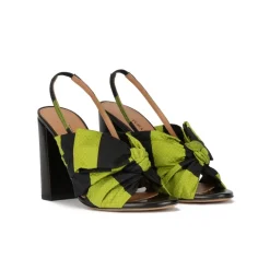 Quirina Bow detailed high block heel sandals in green and black fabric