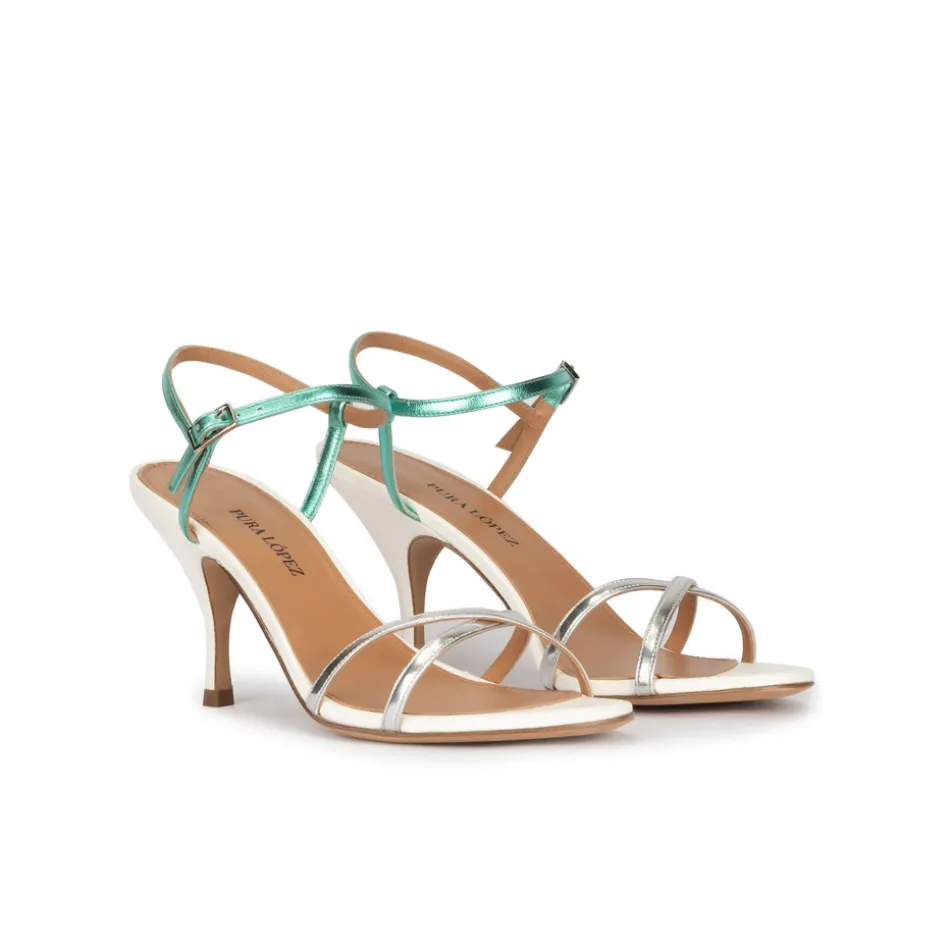 Sonique Silver leather strappy mid heel sandals
